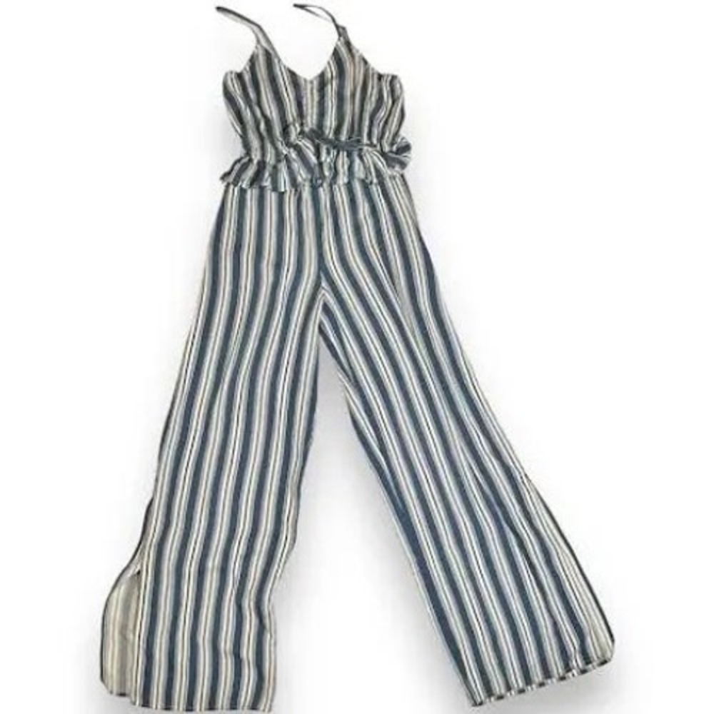 Blue & Cream striped jumpsuit size M with ruffle waist tie front